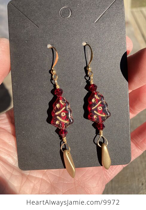 Beaded Christmas Tree Earrings in Red and Gold - #qZszYAmi8kQ-2