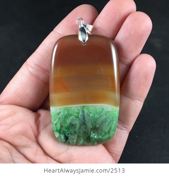 Beautiful 34sunset and Landscape34 Orange and Green Druzy Agate Stone Pendant Necklace - #eh5TgXuBx30-2