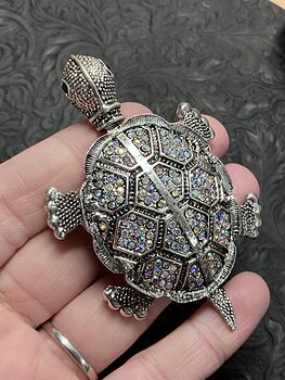 Beautiful Articulated Turtle Tortoise Brooch Pin and Pendant with Aurora Borealis Rhinestones #VLzloznhVRo