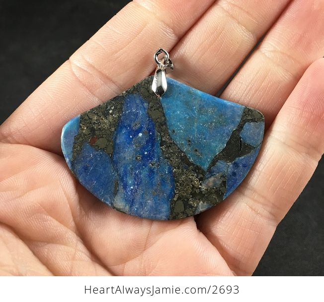Beautiful Blue and Black Fan Shaped Matrix Pyrite Stone Pendant Necklace - #BC46tKvHybY-2