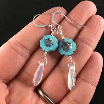 Beautiful Blue Glass Hawaiian Flower and Iris White Patterned Dagger Earrings with Silver Wire #gPEQ5eVnhD0