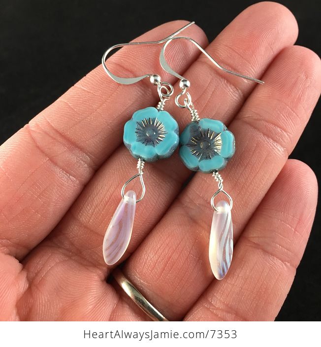 Beautiful Blue Glass Hawaiian Flower and Iris White Patterned Dagger Earrings with Silver Wire - #gPEQ5eVnhD0-1