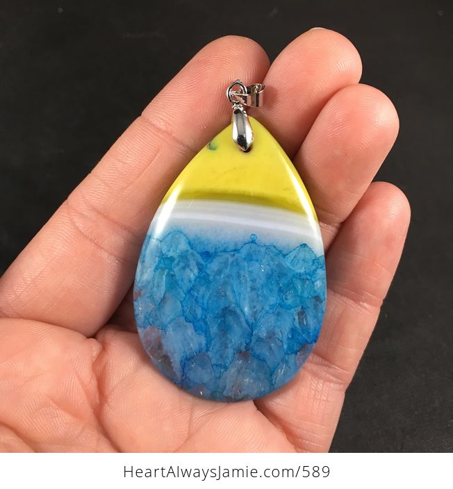 Beautiful Bright Yellow White and Blue Druzy Agate Stone Pendant Necklace - #24a59vpNFSs-1
