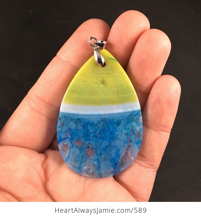 Beautiful Bright Yellow White and Blue Druzy Agate Stone Pendant Necklace - #24a59vpNFSs-2