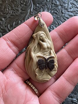 Beautiful Fae Fairy with a Butterfly and Flower Jasper Stone Jewelry Pendant #lnlkW08rZbY