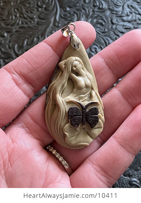 Beautiful Fae Fairy with a Butterfly and Flower Jasper Stone Jewelry Pendant - #lnlkW08rZbY-1