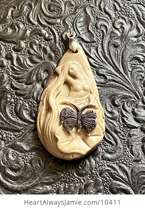 Beautiful Fae Fairy with a Butterfly and Flower Jasper Stone Jewelry Pendant - #lnlkW08rZbY-6