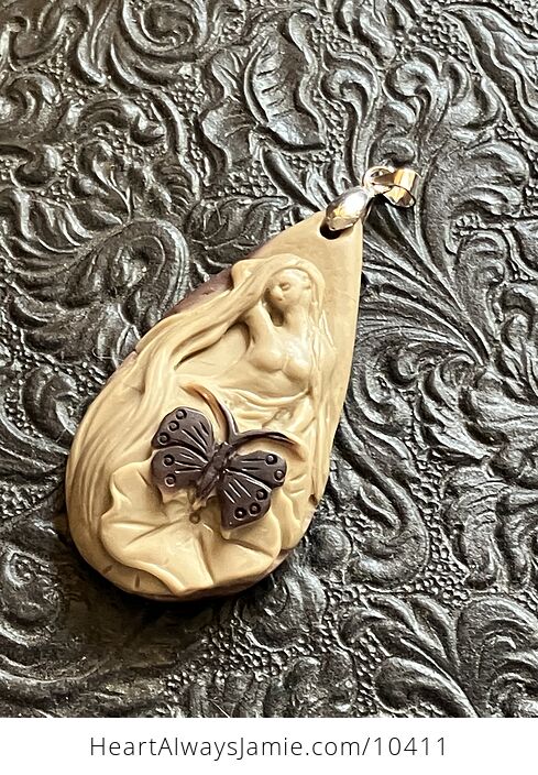 Beautiful Fae Fairy with a Butterfly and Flower Jasper Stone Jewelry Pendant - #lnlkW08rZbY-5
