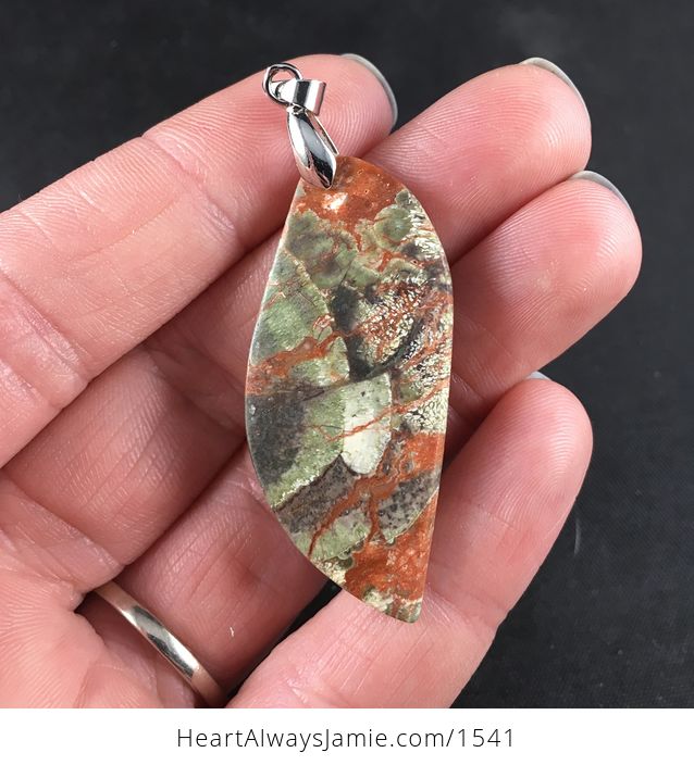 Beautiful Green Brown and Orange Natural Rain Forest Jasper Stone Pendant Necklace - #BzyiN845yoM-2