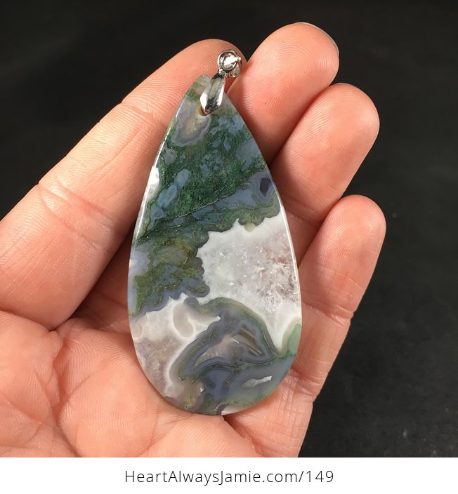 Beautiful Green Gray and White Druzy Moss Agate Stone Pendant Necklace - #ncBq7S3D1JE-2
