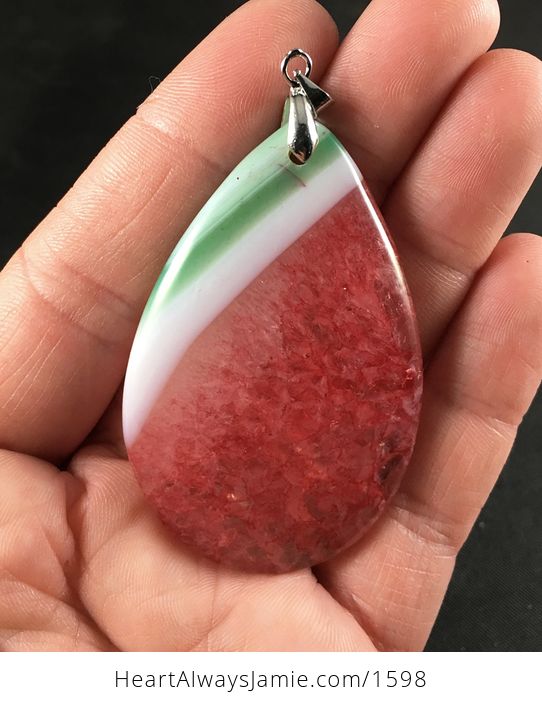 Beautiful Green White and Red 34watermelon34 Druzy Agate Stone Pendant - #qp3sbDO4a60-1