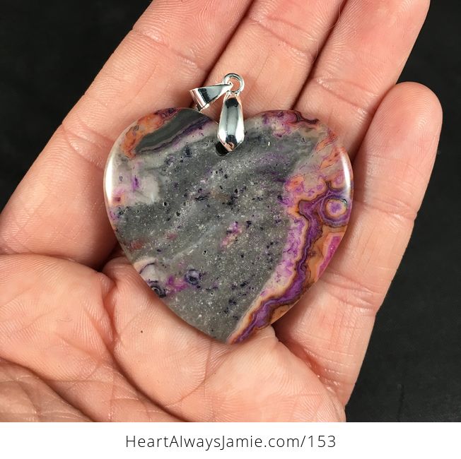Beautiful Heart Shaped Gray Pink Orange and Purple Crazy Lace Agate Stone Pendant - #2t48yuSeL3E-1
