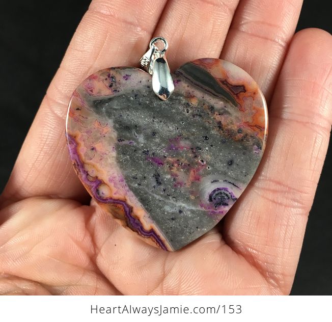 Beautiful Heart Shaped Gray Pink Orange and Purple Crazy Lace Agate Stone Pendant Necklace - #2t48yuSeL3E-2