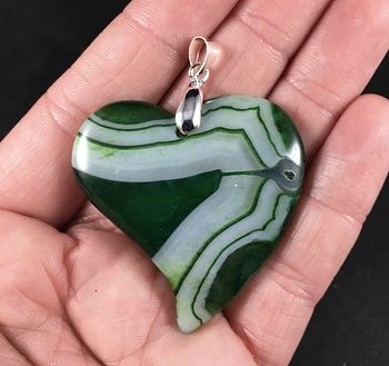 Beautiful Heart Shaped Striped White and Green Agate Stone Pendant #X7rMyc3hpnw
