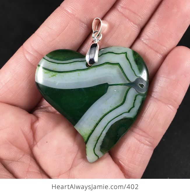 Beautiful Heart Shaped Striped White and Green Agate Stone Pendant - #X7rMyc3hpnw-1
