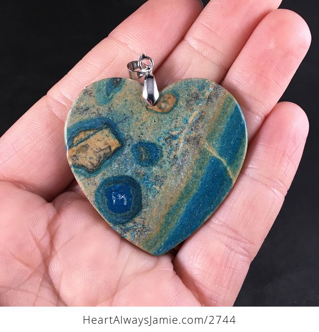 Beautiful Heart Shaped Tan and Blue Malachite Stone Pendant Necklace - #z5Wf4EdjP6E-2