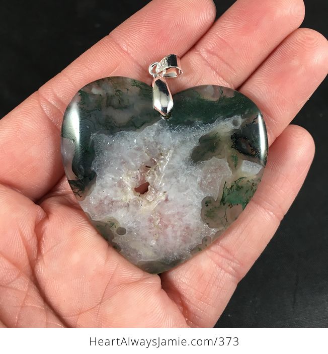 Beautiful Heart Shaped White Druzy and Green Moss Agate Stone Pendant - #lRJnl6Y2UtI-1