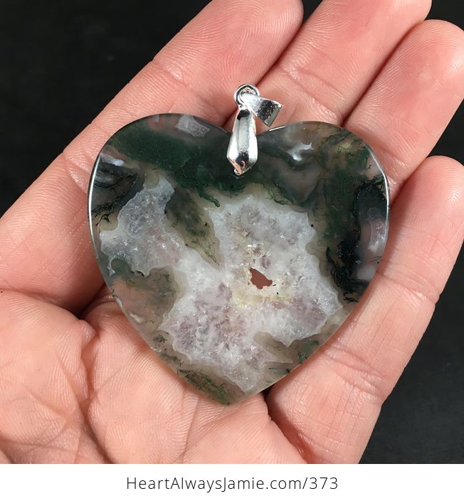 Beautiful Heart Shaped White Druzy and Green Moss Agate Stone Pendant Necklace - #lRJnl6Y2UtI-2
