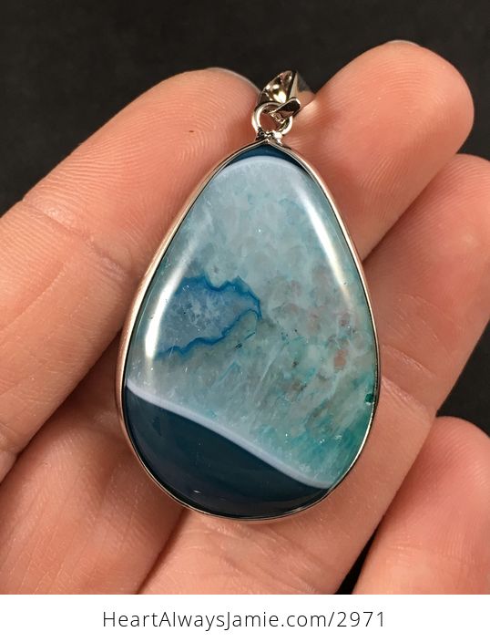 Beautiful Metal Framed Teal White and Blue Druzy Stone Pendant Necklace - #L2renQOWZqU-2