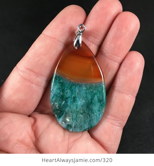 Beautiful Orange and Blue and Green Druzy Agate Stone Pendant Necklace - #RcgiXMHD36c-2