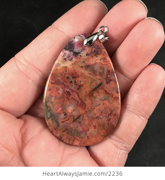 Beautiful Orange Gray and Pink Crazy Lace Agate Stone Pendant Necklace - #DrkSxMa6dP8-2