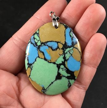Beautiful Oval Shaped Yellow Green Black and Blue Synthetic Stone Pendant #by6WbEc6kaw