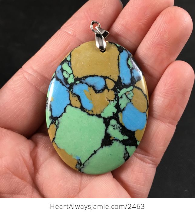 Beautiful Oval Shaped Yellow Green Black and Blue Synthetic Stone Pendant - #by6WbEc6kaw-1