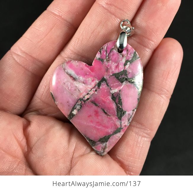 Beautiful Pink and Pyrite Heart Shaped Stone Pendant - #jWu3gqPs00k-1