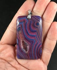 Beautiful Rectangular Blue and Purple Striped and Red Druzy Agate Stone Pendant #ptQnQRbjsEI