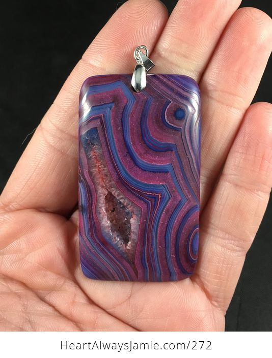 Beautiful Rectangular Blue and Purple Striped and Red Druzy Agate Stone Pendant - #ptQnQRbjsEI-1