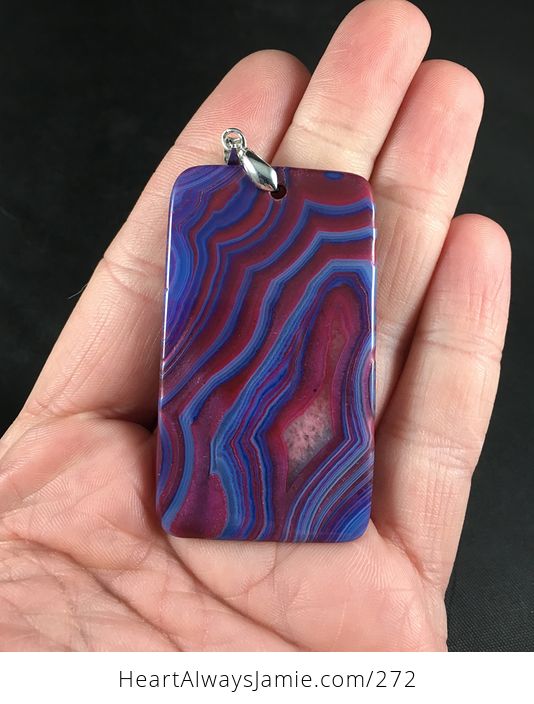 Beautiful Rectangular Blue and Purple Striped and Red Druzy Agate Stone Pendant Necklace - #ptQnQRbjsEI-2