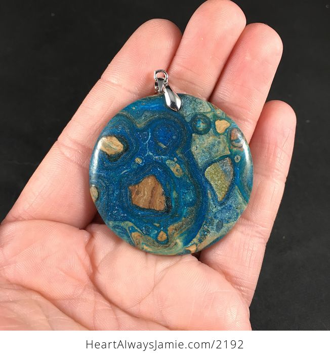 Beautiful Round 34islands and Sea34 Blue Brown and Tan Choi Finches Stone Pendant - #u7zhUqWCYMk-1