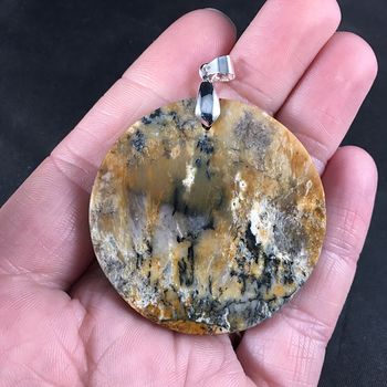 Beautiful Round Black and Brown Natural Dendritic Agate Stone Pendant #0S6ipfRTY7M