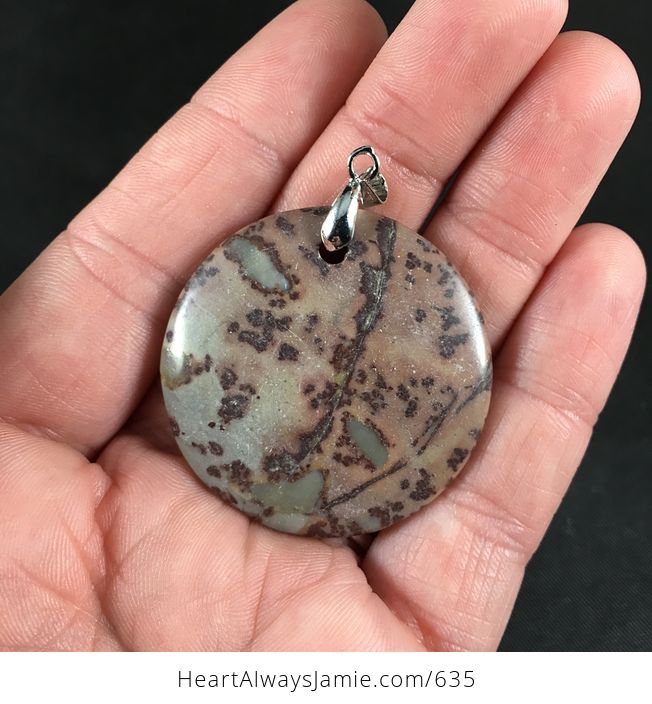Beautiful Round Green Brown and Mauve Chohua Jasper Stone Pendant Necklace - #szdEK9XBtYE-2