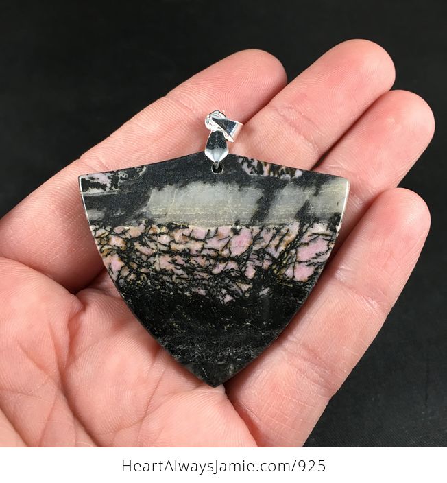 Beautiful Shield Shaped Pink Gray and Black Rhodonite Stone Pendant - #1I5dEX8OJqg-1