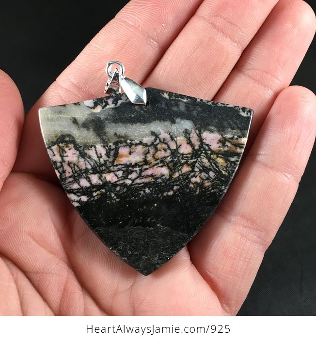 Beautiful Shield Shaped Pink Gray and Black Rhodonite Stone Pendant Necklace - #1I5dEX8OJqg-2