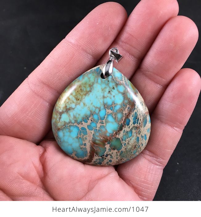 Beautiful Tan Brown and Blue Sea Sediment Jasper Stone Pendant Necklace - #yx6TXvMEENc-1