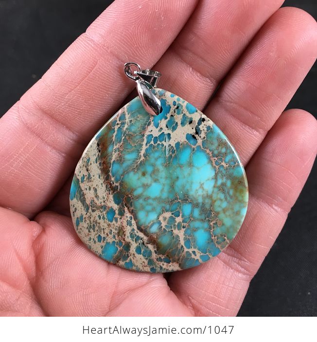 Beautiful Tan Brown and Blue Sea Sediment Jasper Stone Pendant Necklace - #yx6TXvMEENc-2