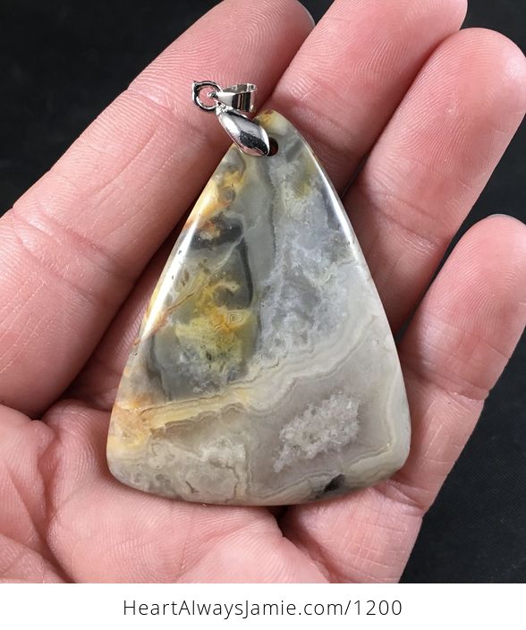 Beautiful Triangle Shaped Gray Yellow and Beige Crazy Lace Agate Stone Pendant - #Fpw8JaP3jtM-1