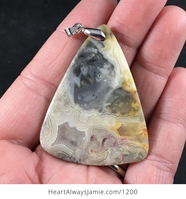 Beautiful Triangle Shaped Gray Yellow and Beige Crazy Lace Agate Stone Pendant Necklace - #Fpw8JaP3jtM-2