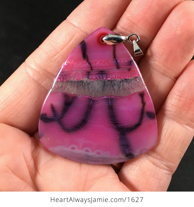 Beautiful Triangle Shaped Pink Black and White Druzy Dragon Veins Agate Stone Pendant Necklace - #wOUxSHMnNQU-2