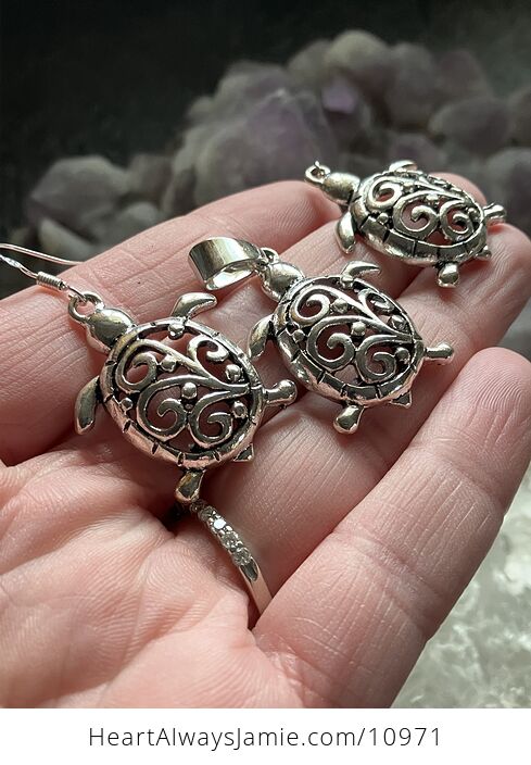 Beautiful Turtle and Swirl Pendant and Earrings Jewelry Set - #kt3VVf1yaO0-2