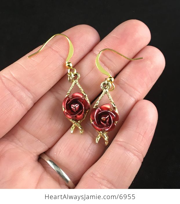 Beautiful Vintage Anodized Red Rose Flower Earrings - #sGCBhLUiGOg-1