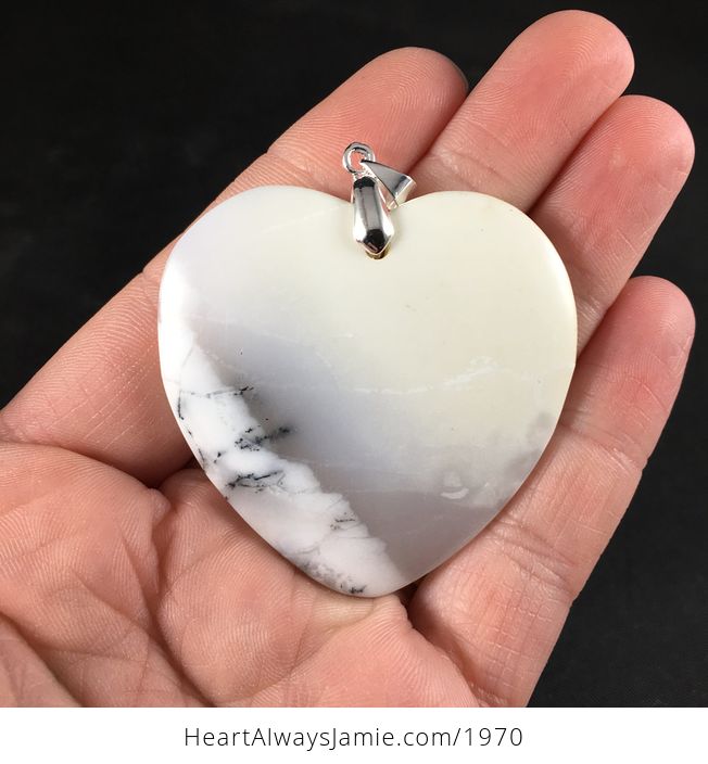 Beautiful White off White and Gray Heart Shaped African Dendrite Opal Stone Pendant - #Q6XLuhCt4MU-1