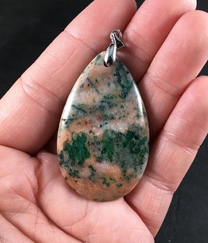 Beige Green and Orange Crazy Lace Agate Stone Pendant #AUHW6VG9Ch4