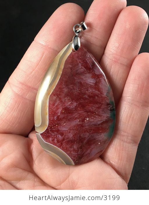 Beige Green and Red Druzy Agate Stone Pendant - #ftAHffMr1bY-1