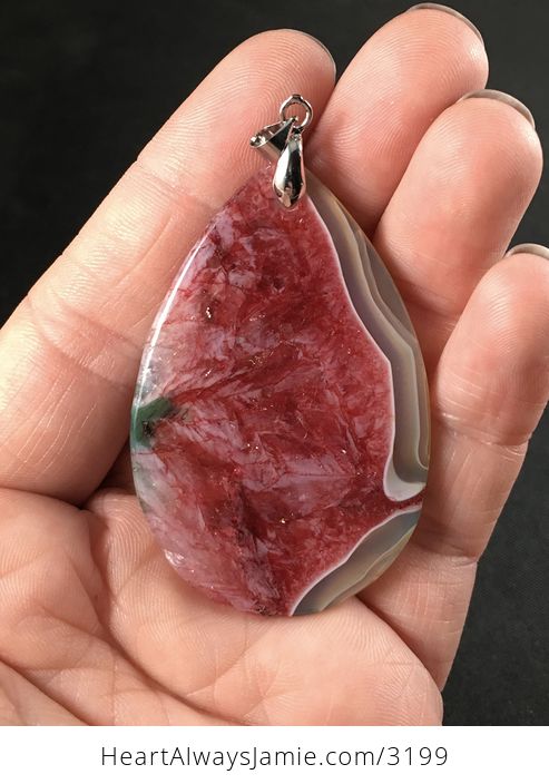 Beige Green and Red Druzy Agate Stone Pendant Necklace - #ftAHffMr1bY-2