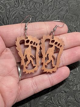 Bigfoot Sasquatch in Foot Print Wood Earrings #m3PX0xJw9E4