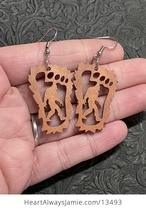 Bigfoot Sasquatch in Foot Print Wood Earrings - #m3PX0xJw9E4-1