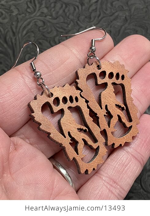 Bigfoot Sasquatch in Foot Print Wood Earrings - #m3PX0xJw9E4-2